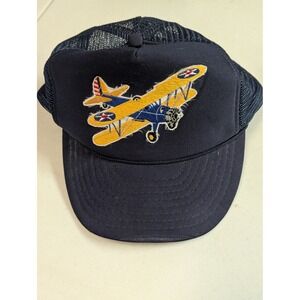 Vintage NOS OTTO Cap Navy Trucker Hat Biplane Airplane Embroidery Snapback